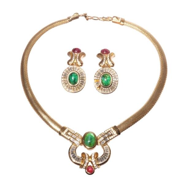 Jewels of India Grosse Christian Dior Emerald Glass Necklace Earrings Set - Picture 1 of 5
